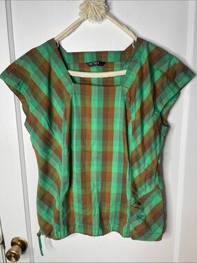 Arcteryx Plaid Top Large Green Brown Square Neck Cap Sleeve Cinch Waist L Hiking